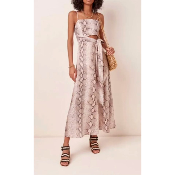 Zimmermann 3 Bellitude $640 LINEN Python Snake Print Midi Dress Neutral Tan 10 L - Picture 2 of 16
